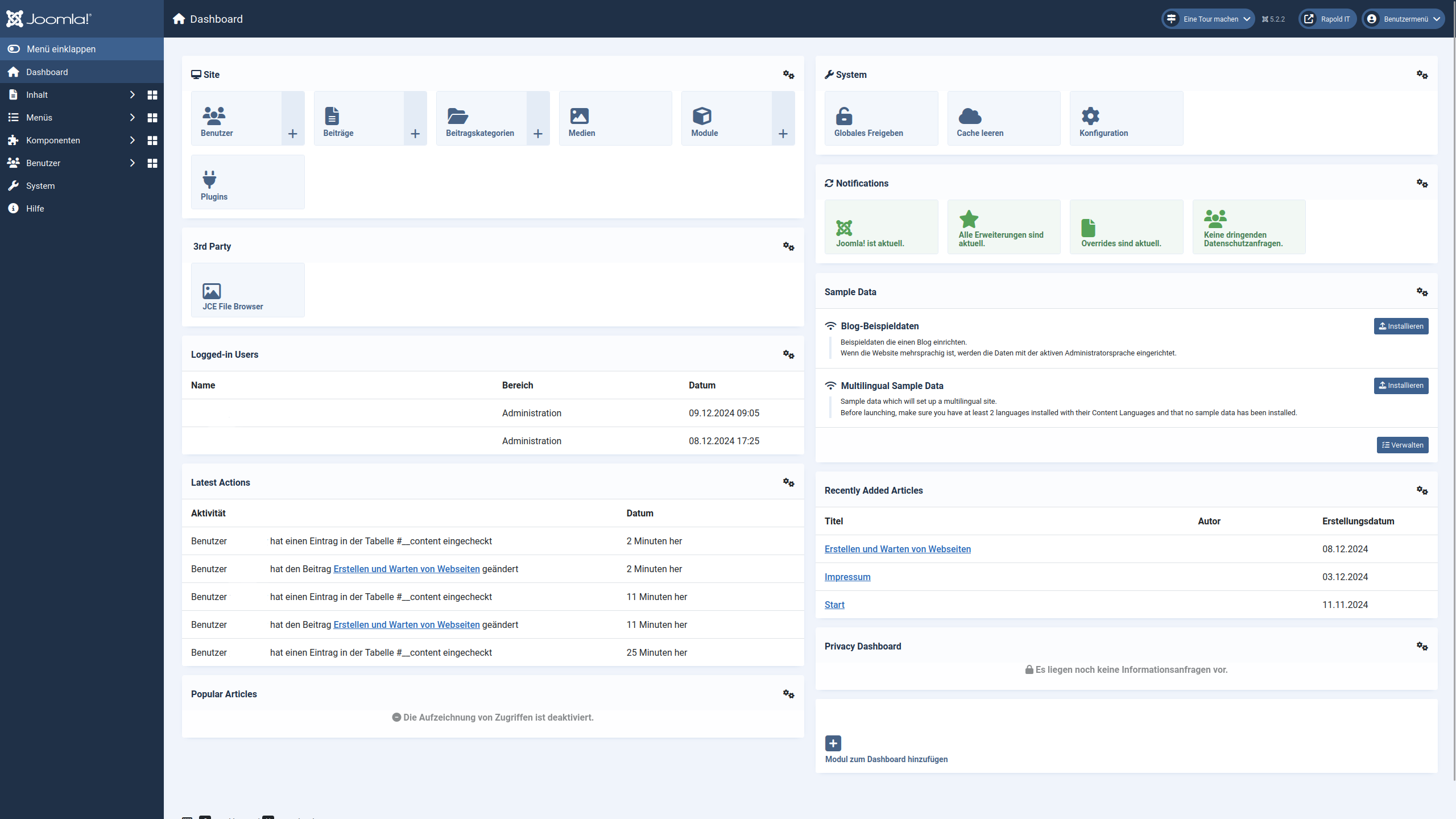 Joomla Backend Dashboard